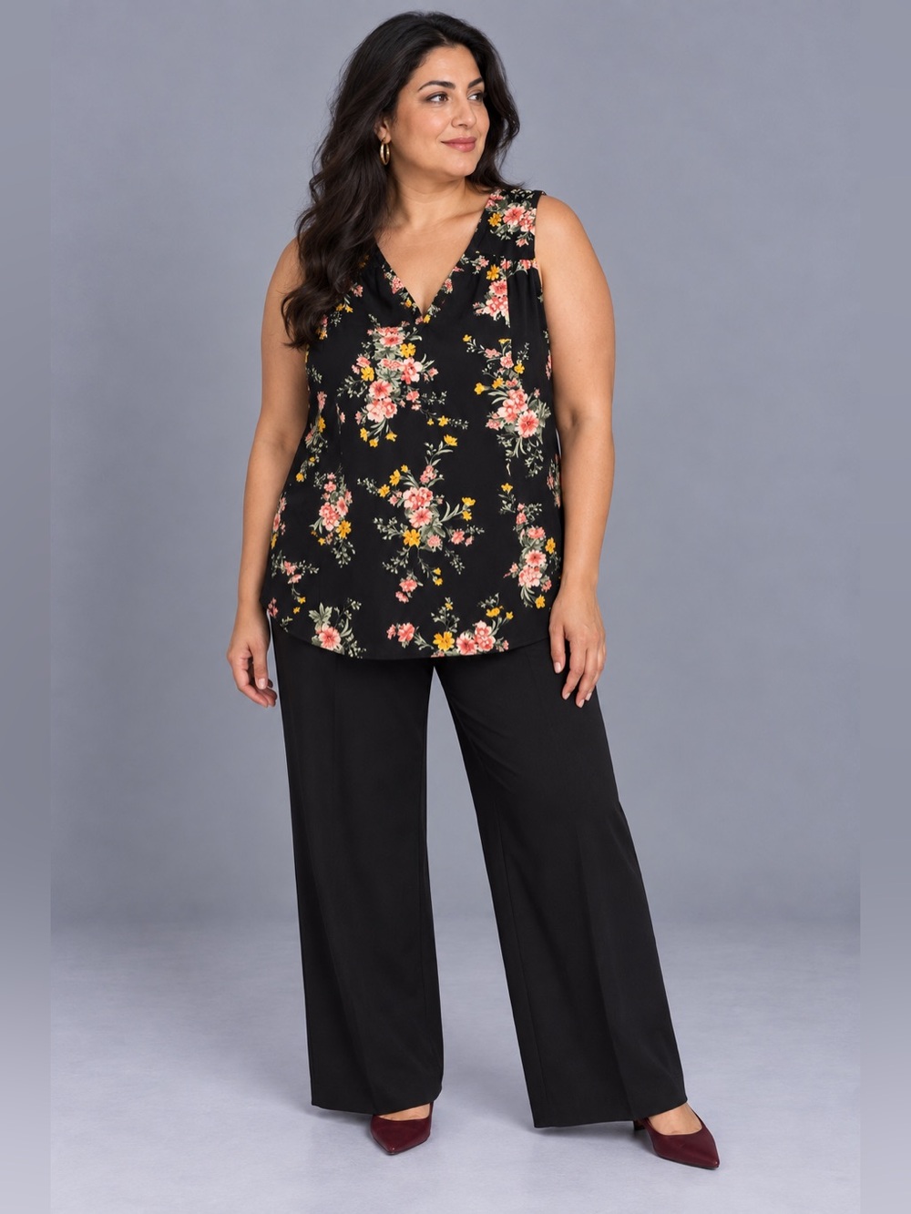 Black Floral Blouse XL V Neck Sleeveless Flowy Tank Top - Picture 2 of 5